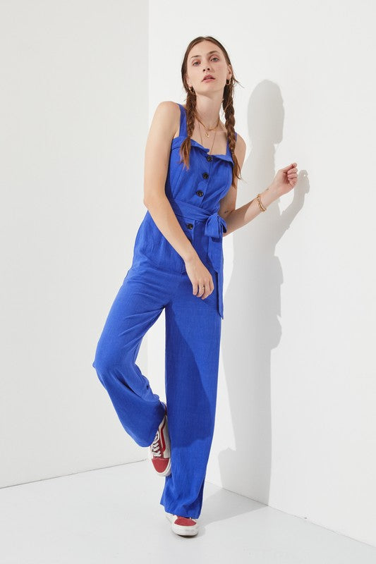 Sleeveless Adjustable Strap Button Down Jumpsuit