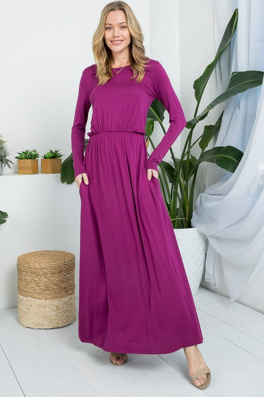 Solid Long Sleeve Elastic Waist Maxi Dress