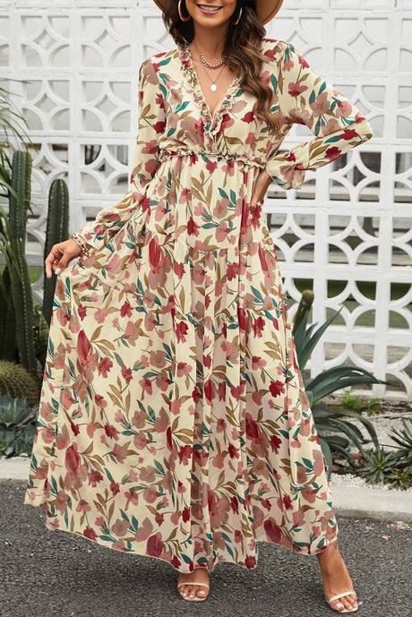 Floral Frill Trim Flounce Sleeve Plunge Maxi Dress king-general-store-5710.myshopify.com