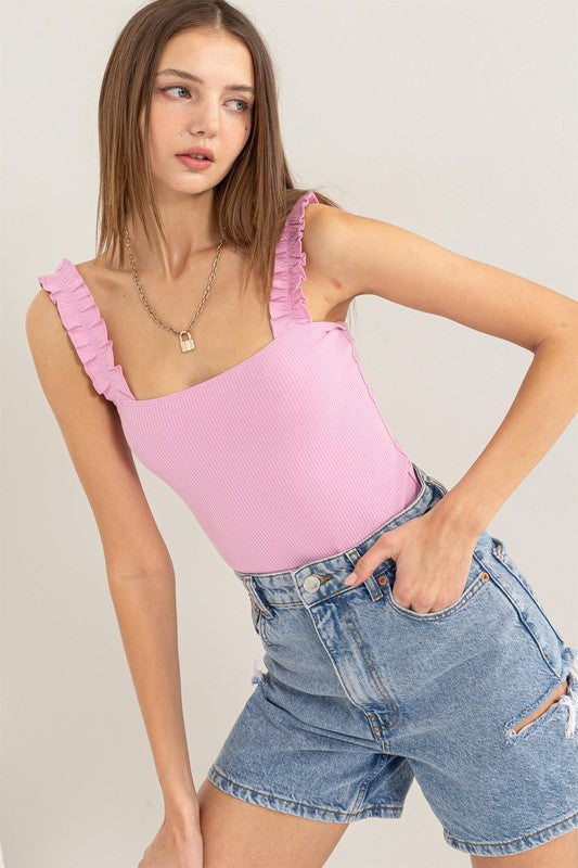 Ribbed Ruffle Strap Sleeveless Bodysuit