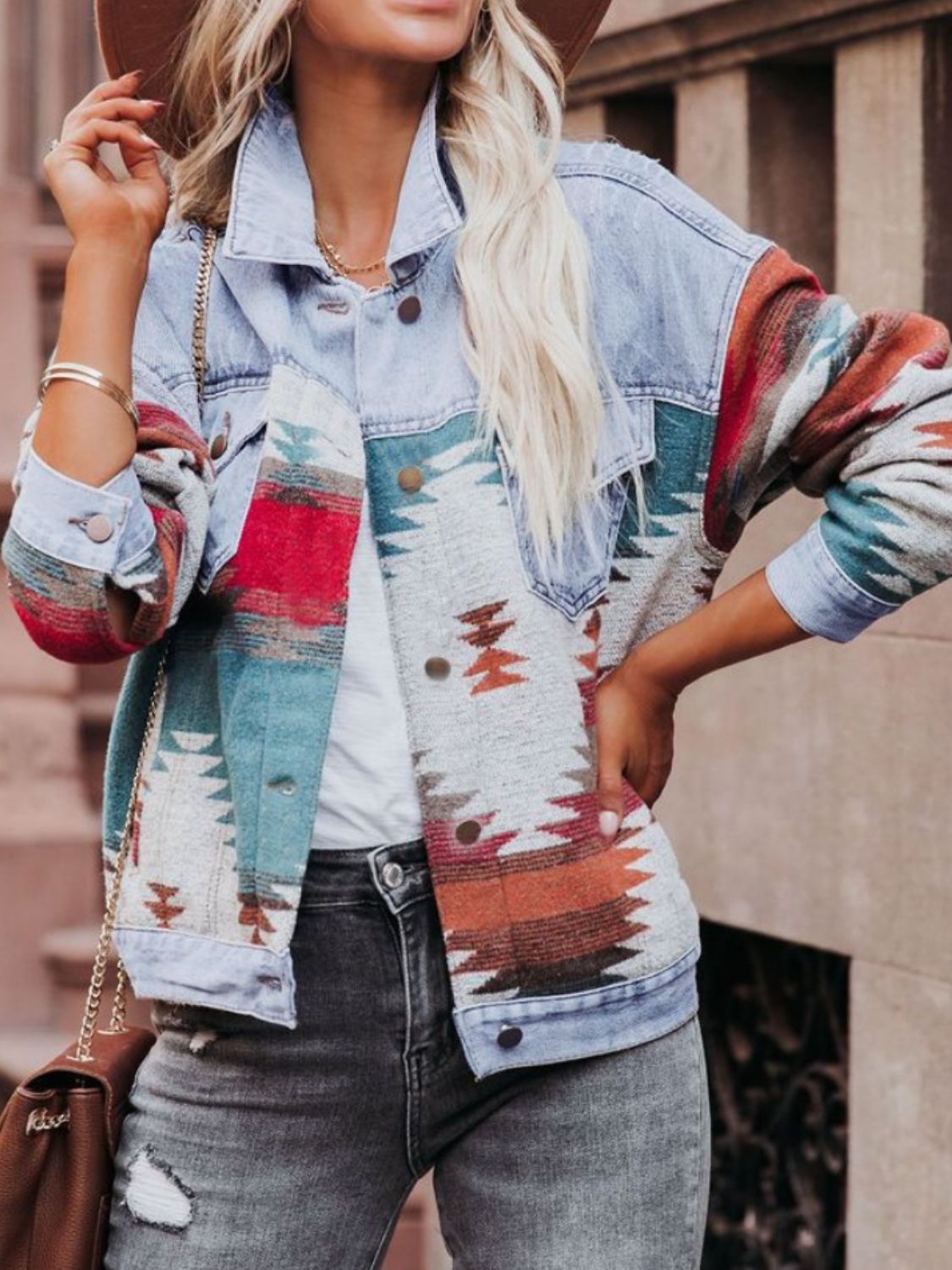 Geometric Button Up Long Sleeve Denim Jacket