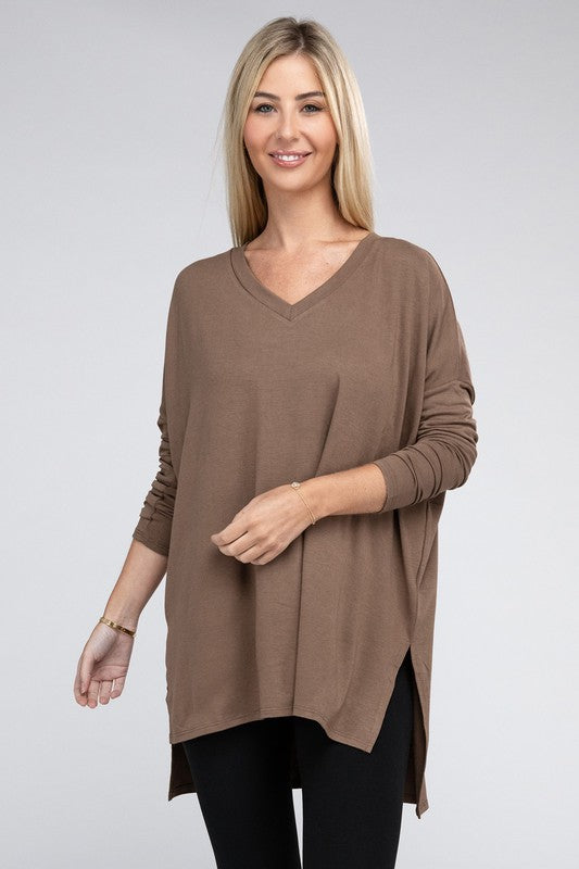 Dolman Long Sleeve V-Neck Side Slit Hi-Low Hem Top king-general-store-5710.myshopify.com