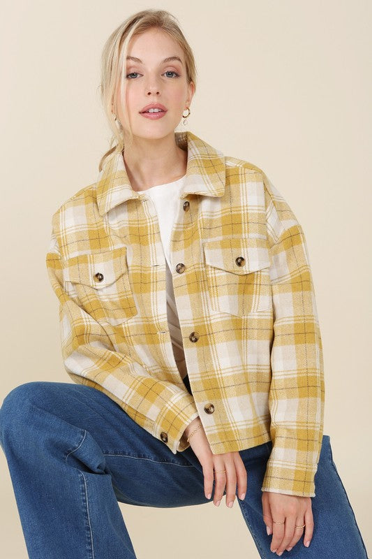 Plaid Long Sleeve Short Shacket with Pockets