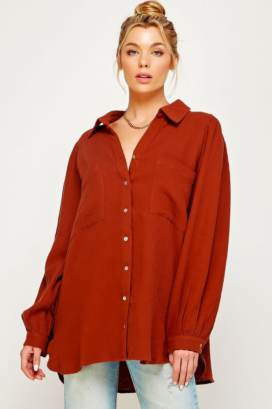 Textured Gauze Button Down Puff Sleeves Blouse Top Shirt