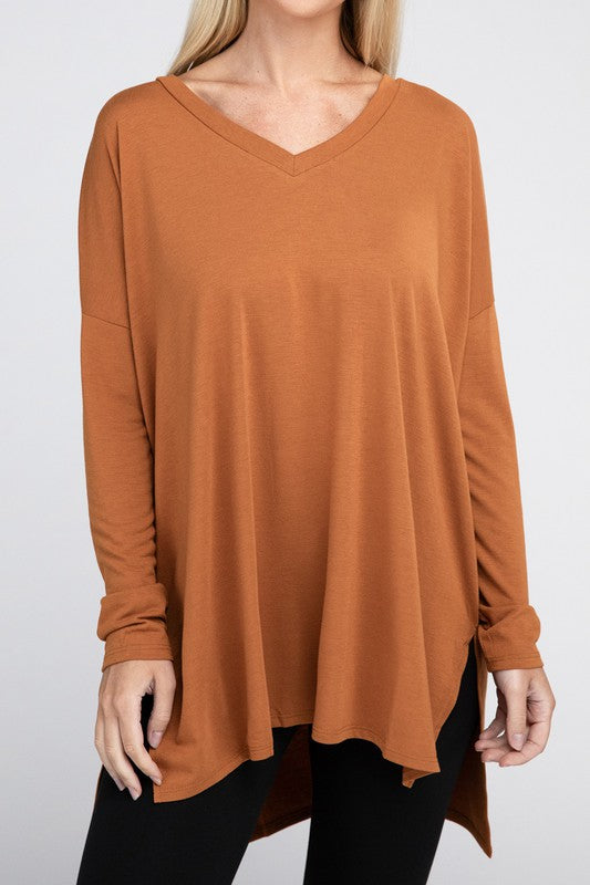 Dolman Long Sleeve V-Neck Side Slit Hi-Low Hem Top king-general-store-5710.myshopify.com