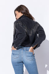 Crop Denim Jacket with Rhinestone Fringe