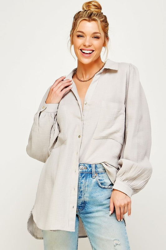 Textured Gauze Button Down Puff Sleeves Blouse Top Shirt