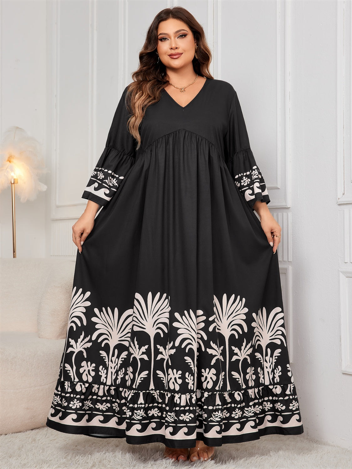 Honey Plus Size Printed V-Neck Long Sleeve Maxi Dress