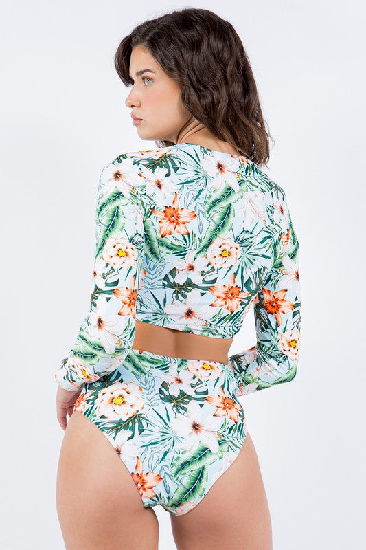 Long Sleeve Floral Print Bikini Set