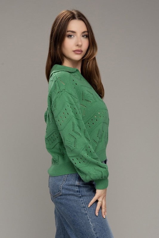 Green Hole-Knit Collared Sweater