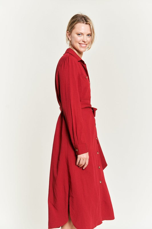 SOLID BUTTON DOWN BELTED LONG DRESS 30-545 king-general-store-5710.myshopify.com