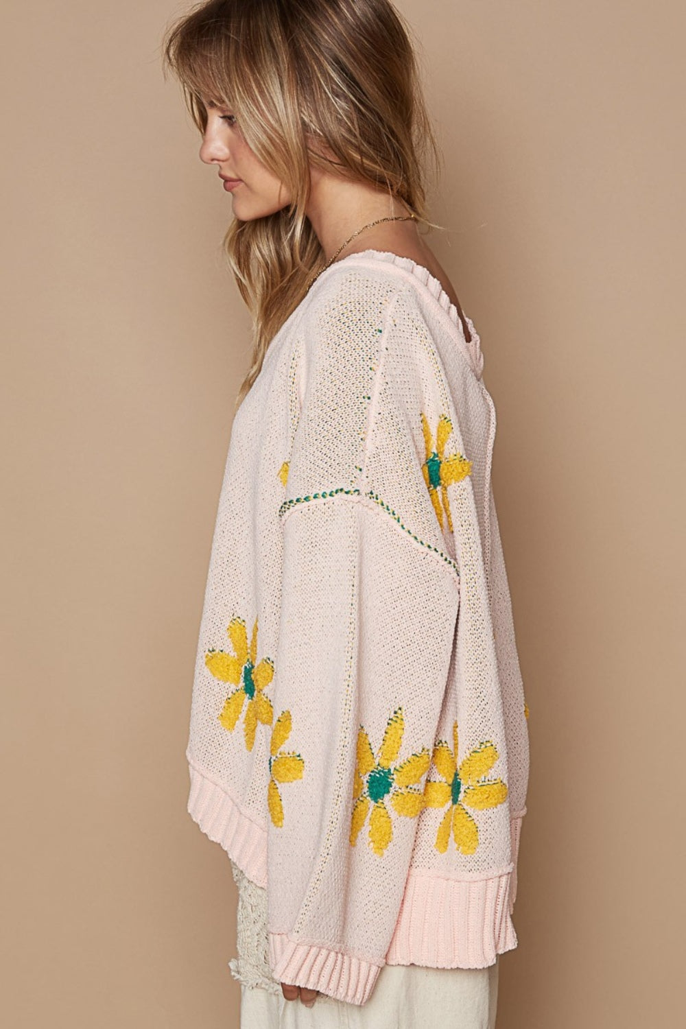 POL V-Neck Floral Pattern Chenille Sweater