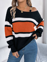 Color Block Asymmetrical Neck Long Sleeve Sweater