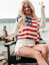 Perfee US Flag Boat Neck Long Sleeve Knit Top