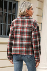 Pocketed Plaid Collared Neck Dropped Shoulder Jacket