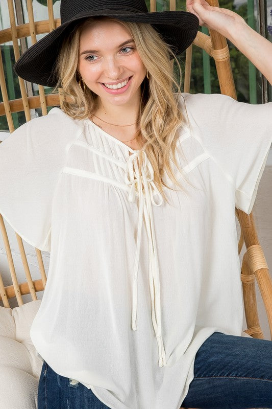 Flyaway Sleeve Strap Bow Tie Peasant Top