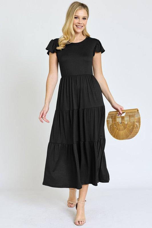 Solid Flutter Sleeve Tiered Tea Length Dress king-general-store-5710.myshopify.com