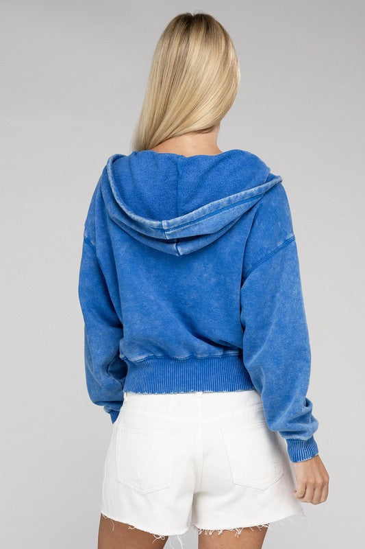 Acid Wash Fleece Cropped Zip-Up Hoodie king-general-store-5710.myshopify.com