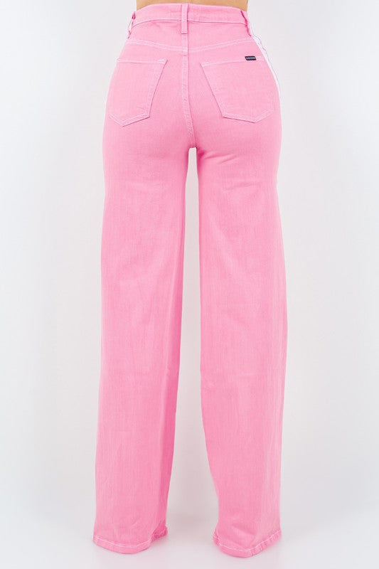 Wide Leg Striped Jeans in Pink