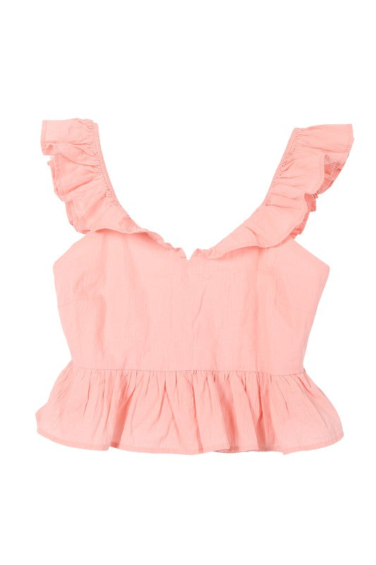 Pink Open Back Tie Peplum Top with Ruffle Trim king-general-store-5710.myshopify.com