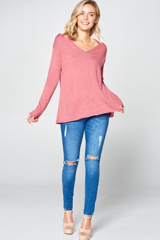 Solid Light Knit V-Neck Cold Shoulder Sweater