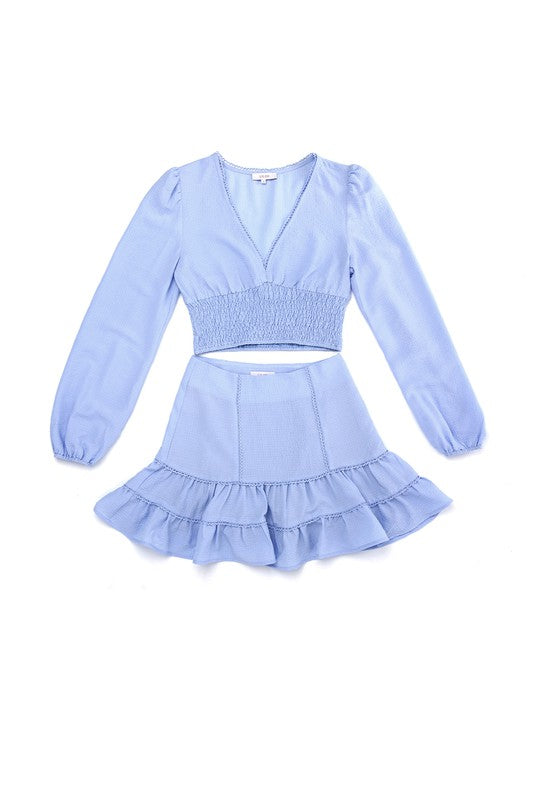 Lace Trimmed Smocking Blouse and Skirt Set king-general-store-5710.myshopify.com