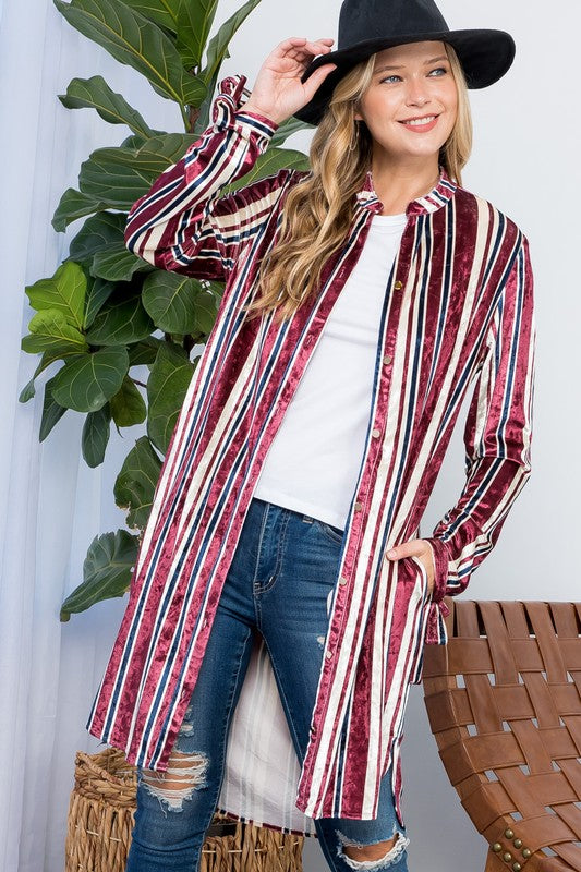 STRIPE VELVET LONG CARDIGAN