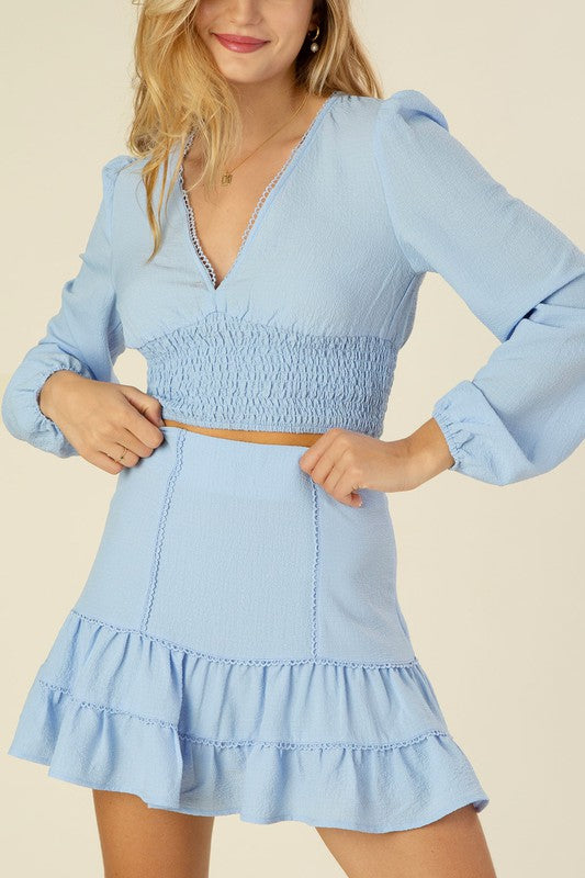 Lace Trimmed Smocking Blouse and Skirt Set king-general-store-5710.myshopify.com