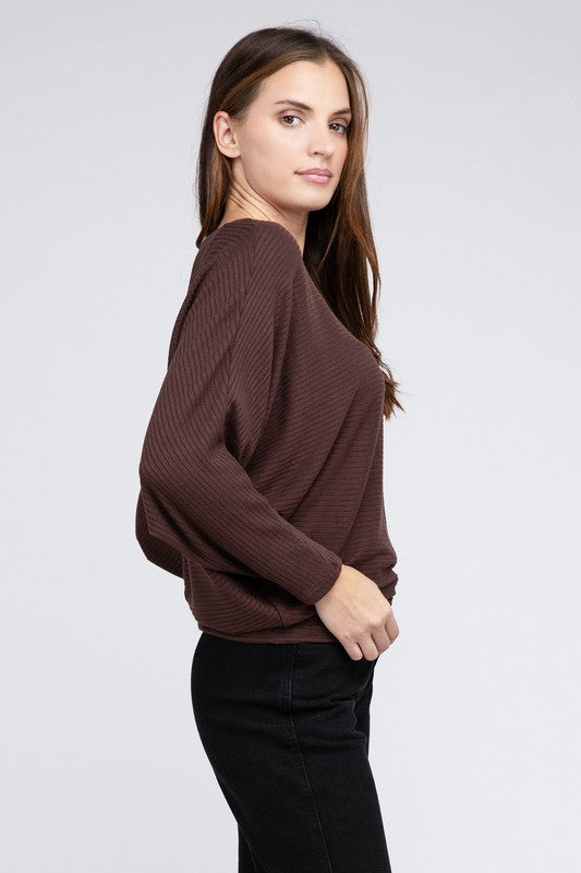 Ribbed Batwing Long Sleeve Boat Neck Sweater king-general-store-5710.myshopify.com