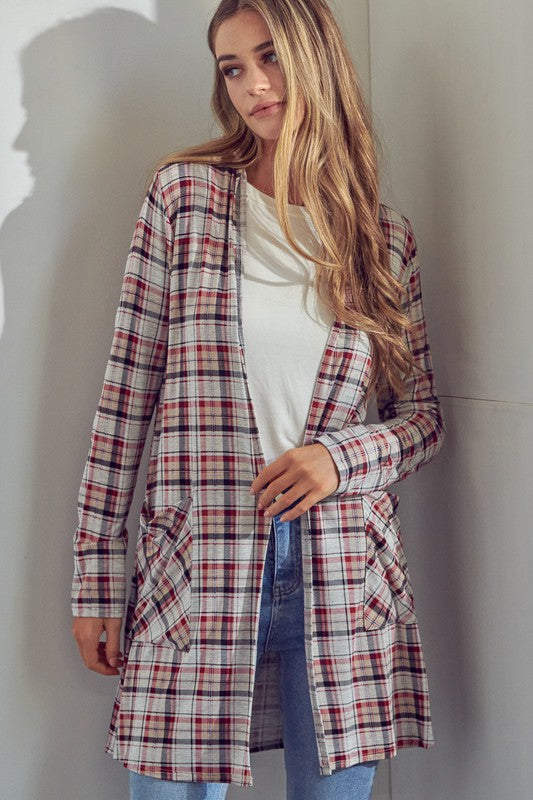 Plaid Long Sleeve Side Pockets Cardigan