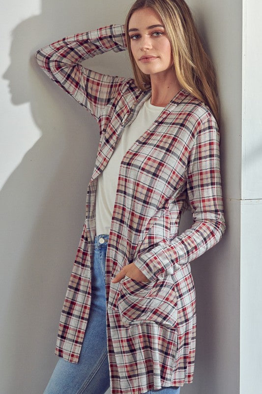 Plaid Long Sleeve Side Pockets Cardigan