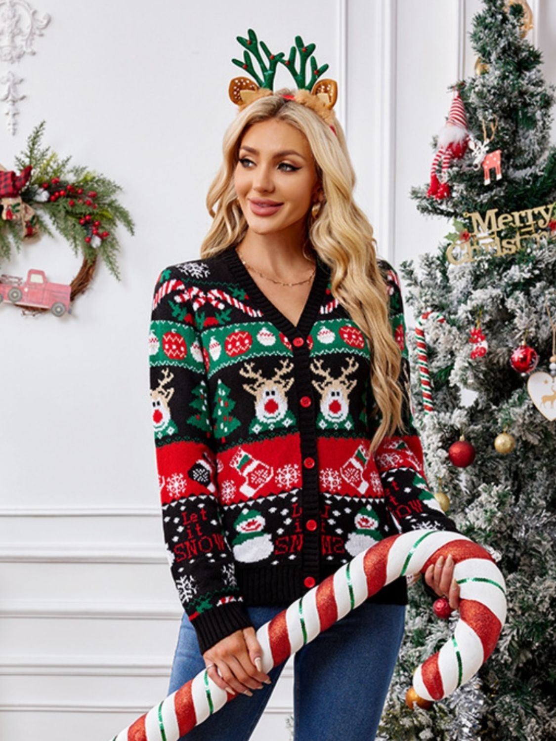 Reindeer Button Up Long Sleeve Cardigan