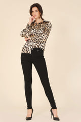 Long Sleeve Satin Leopard Blouse