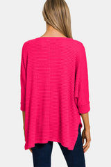 Zenana V-Neck High-Low Jacquard Knit Top