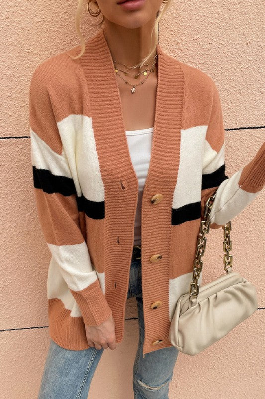 Stretchy Stripe Knitted V-Neck Cardigan