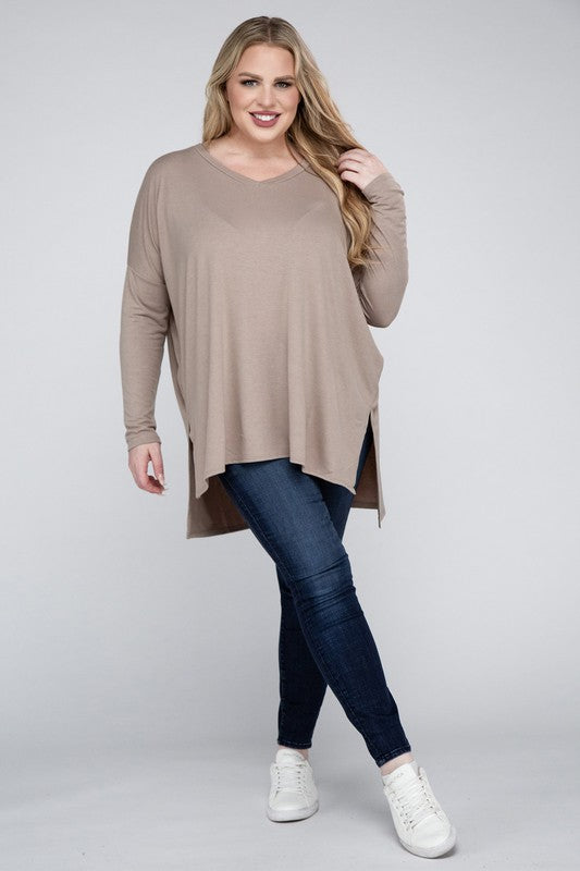 Plus Dolman Sleeve V-Neck Side Slit Hi-Low Hem Top king-general-store-5710.myshopify.com