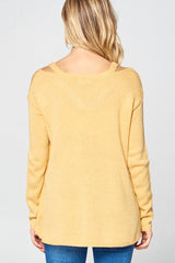 Solid Light Knit V-Neck Cold Shoulder Sweater