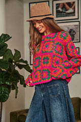 Crochet Patchwork Round Neck Pullover Sweater Top king-general-store-5710.myshopify.com