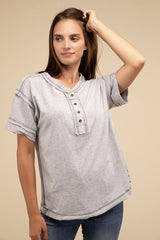 Raw Edge Detailed Button Closure Short Sleeve Top