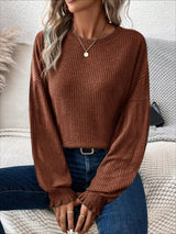 Ribbed Round Neck Lantern Sleeve T-Shirt