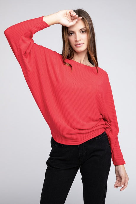 Ribbed Batwing Long Sleeve Boat Neck Sweater king-general-store-5710.myshopify.com