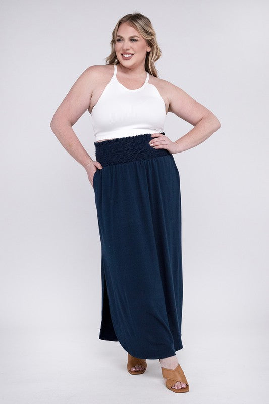 Plus Smocked Waist Side Slit Maxi Skirt with Pockets king-general-store-5710.myshopify.com