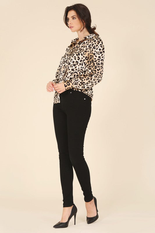 Long Sleeve Satin Leopard Blouse