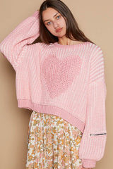 POL Round Neck Heart Patch Zipper Point Sleeve Sweater