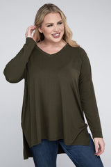 Plus Dolman Sleeve V-Neck Side Slit Hi-Low Hem Top king-general-store-5710.myshopify.com