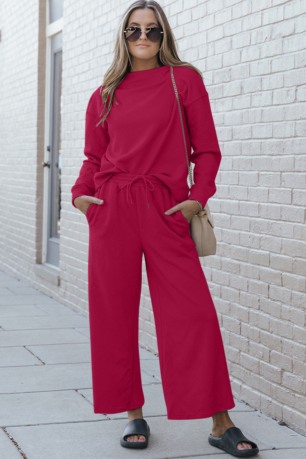 Double Take Full Size Textured Long Sleeve Top and Drawstring Pants Set king-general-store-5710.myshopify.com