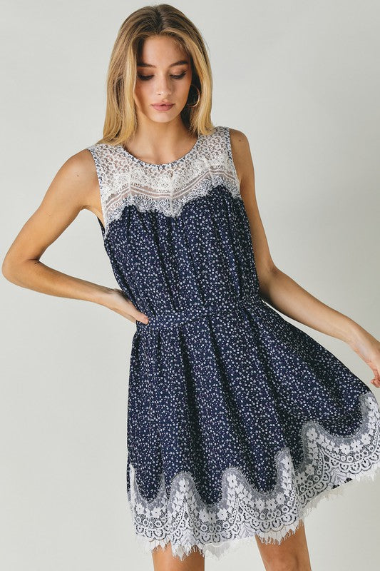 Printed Sleeveless Lace Trim Mini Dress king-general-store-5710.myshopify.com