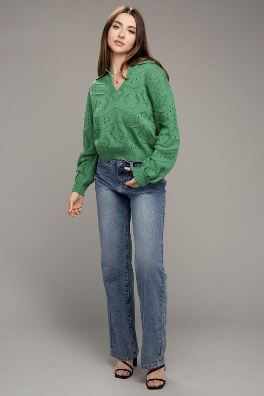 Green Hole-Knit Collared Sweater