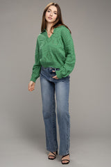 Green Hole-Knit Collared Sweater