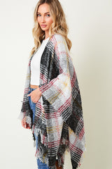 MULTI COLOR PLAID FRINGE TRIM PONCHO SHAWL